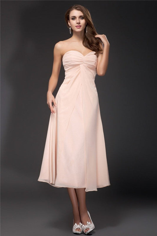 Sheath/Column Sweetheart Ruffles Sleeveless Tea Length Chiffon Bridesmaid Dresses CICIP0005620