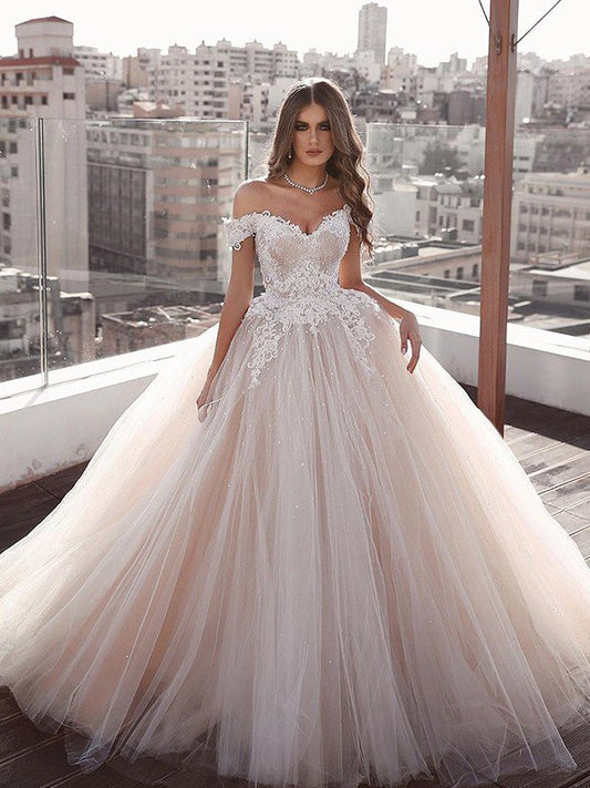 Ball Gown Tulle Off-the-Shoulder Sleeveless Applique Sweep/Brush Train Wedding Dresses CICIP0006765