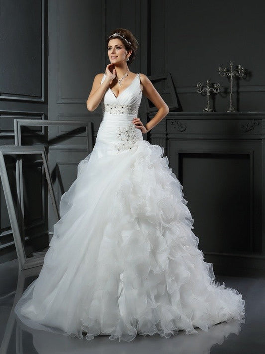 Ball Gown V-neck Ruffles Sleeveless Long Organza Wedding Dresses CICIP0006578