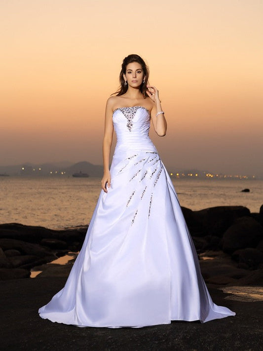 A-Line/Princess Strapless Beading Sleeveless Long Satin Beach Wedding Dresses CICIP0006291