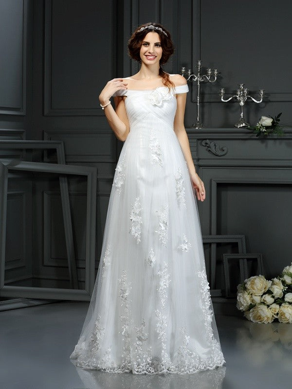 A-Line/Princess Off-the-Shoulder Applique Sleeveless Long Net Wedding Dresses CICIP0006661