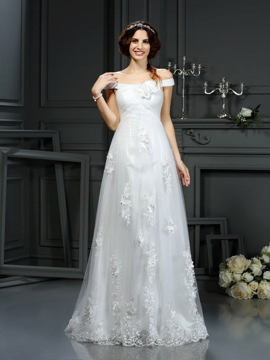 A-Line/Princess Off-the-Shoulder Applique Sleeveless Long Net Wedding Dresses CICIP0006661