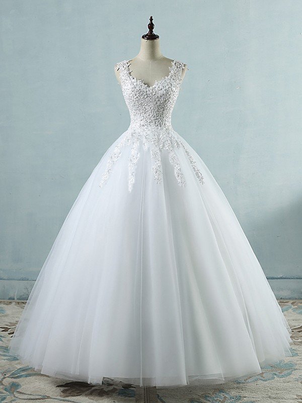 Ball Gown V-neck Sleeveless Sweetheart Floor-Length Applique Tulle Wedding Dresses CICIP0005993