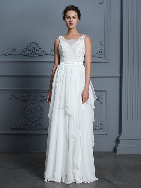 A-Line/Princess Scoop Sleeveless Ruffles Floor-Length Chiffon Wedding Dresses CICIP0006839