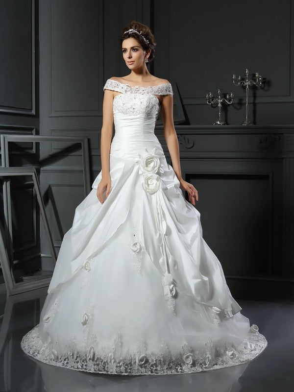 Ball Gown Off-the-Shoulder Hand-Made Flower Sleeveless Long Satin Wedding Dresses CICIP0006478