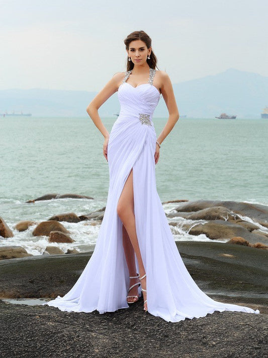 Sheath/Column Straps Beading Sleeveless Long Chiffon Beach Wedding Dresses CICIP0006130