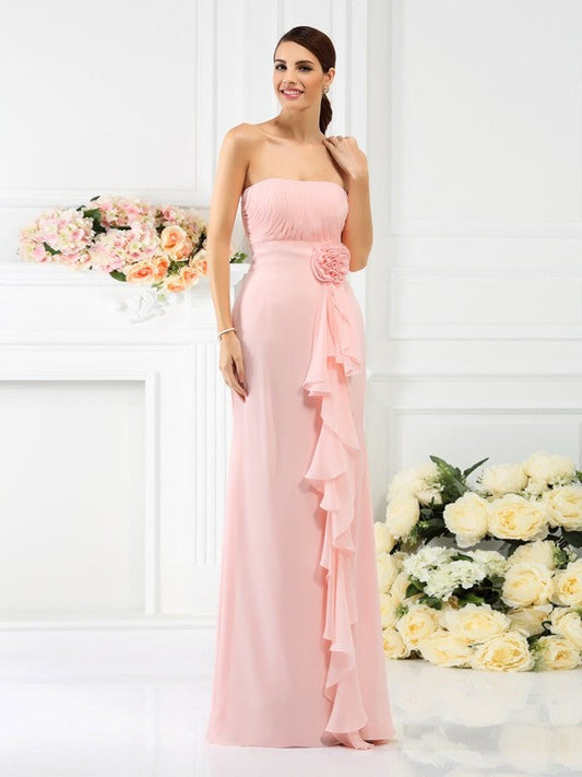 Sheath/Column Strapless Hand-Made Flower Sleeveless Long Chiffon Bridesmaid Dresses CICIP0005538