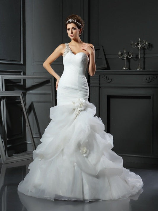 Trumpet/Mermaid Sweetheart Ruffles Sleeveless Long Satin Wedding Dresses CICIP0006435