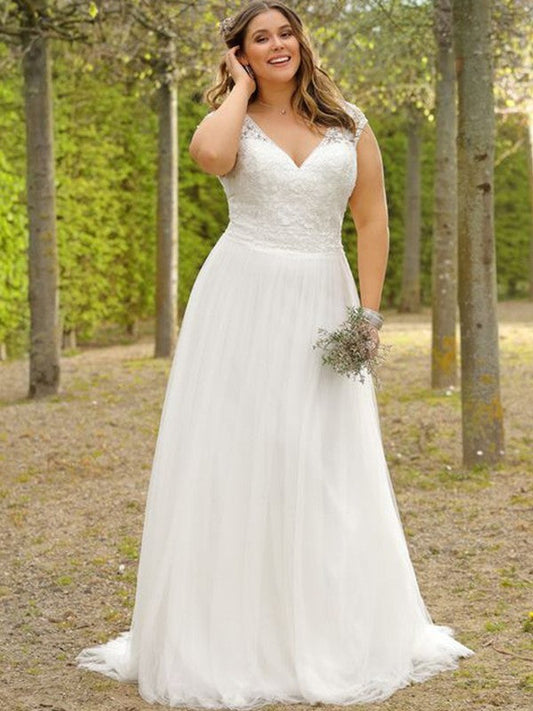 A-Line/Princess Short Sleeves Tulle Applique V-neck Sweep/Brush Train Plus Size Wedding Dresses CICIP0006821