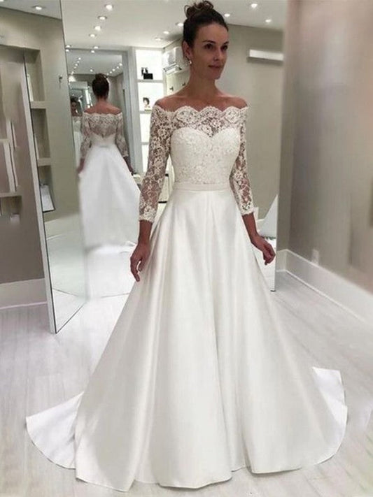 A-Line/Princess Satin 3/4 Sleeves Lace Sweep/Brush Train Off-the-Shoulder Wedding Dresses CICIP0006870