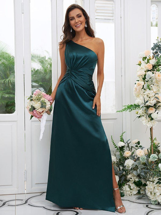 Sheath/Column Elastic Woven Satin Ruched One-Shoulder Sleeveless Floor-Length Bridesmaid Dresses CICIP0004908