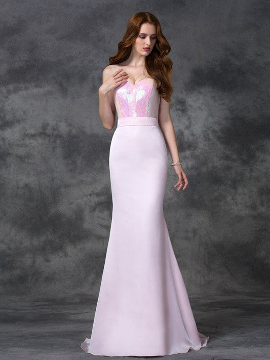 Trumpet/Mermaid Sweetheart Beading Sleeveless Long Satin Chiffon Bridesmaid Dresses CICIP0005321