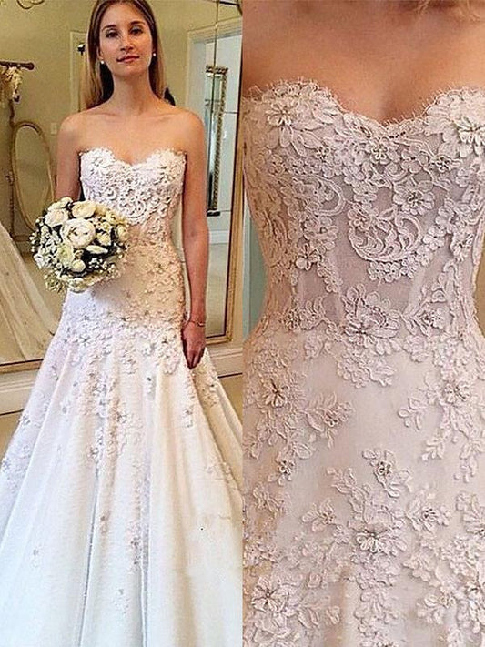 A-Line/Princess Sweetheart Lace Court Train Sleeveless Wedding Dresses CICIP0006451