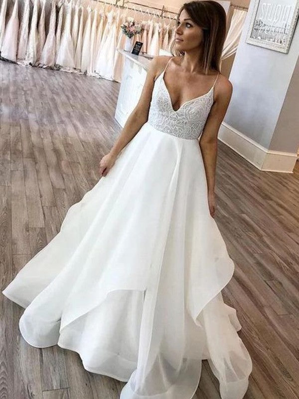 A-Line/Princess Spaghetti Straps Chiffon Ruffles Sweep/Brush Train Sleeveless Wedding Dresses CICIP0006882