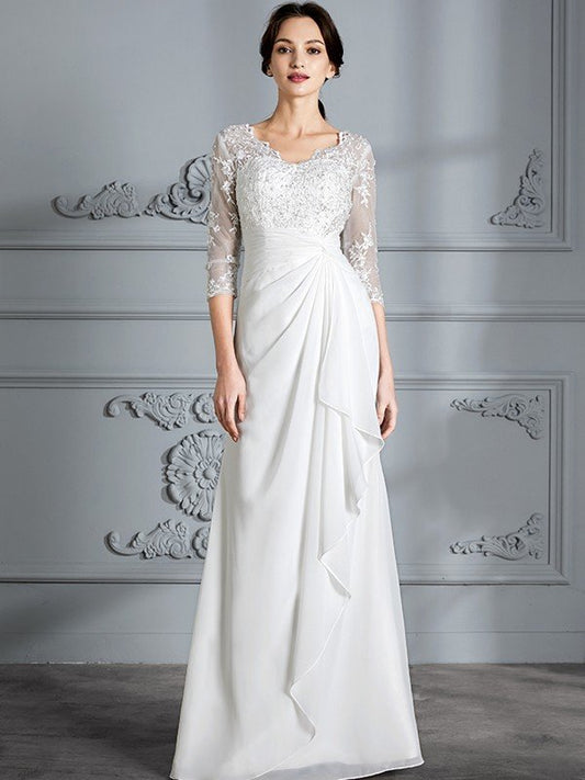 Sheath/Column V-neck 3/4 Sleeves Chiffon Floor-Length Wedding Dresses CICIP0006363