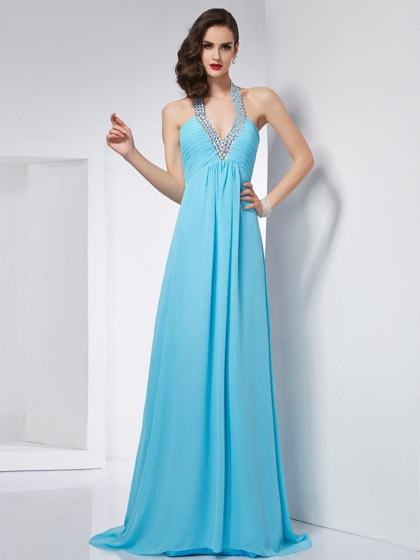 A-Line/Princess Halter Sleeveless Long Chiffon Dresses CICIP0004135