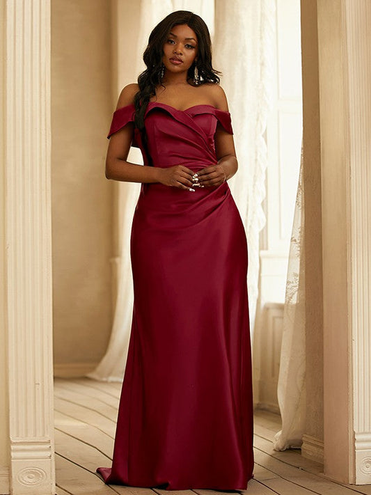 Sheath/Column Satin Ruched Off-the-Shoulder Sleeveless Sweep/Brush Train Bridesmaid Dresses CICIP0004959