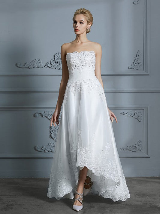 A-Line/Princess Sweetheart Sleeveless Beading Asymmetrical Tulle Wedding Dresses CICIP0006546