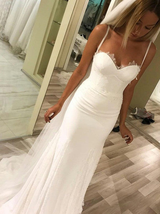 Sheath/Column Sweetheart Spaghetti Straps Sleeveless Sweep/Brush Train Lace Wedding Dresses CICIP0006236