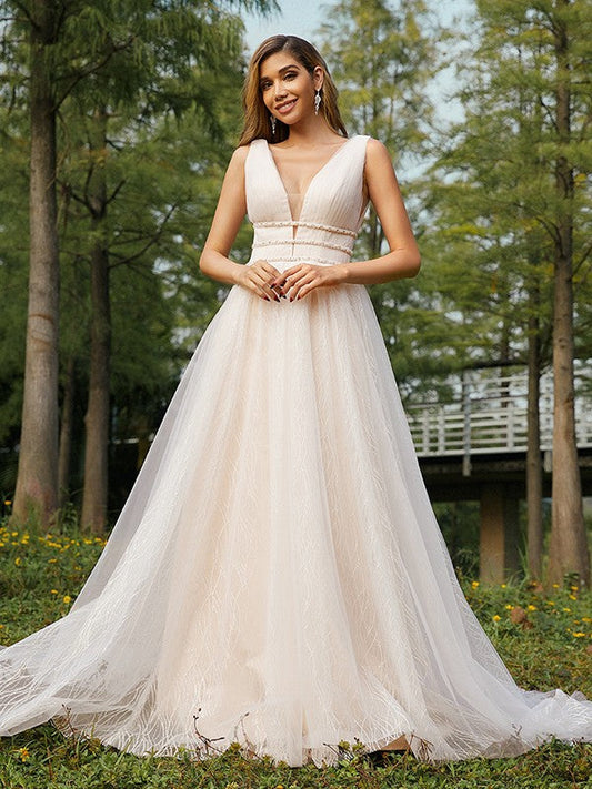 A-Line/Princess Tulle Ruffles V-neck Sleeveless Sweep/Brush Train Wedding Dresses CICIP0006441