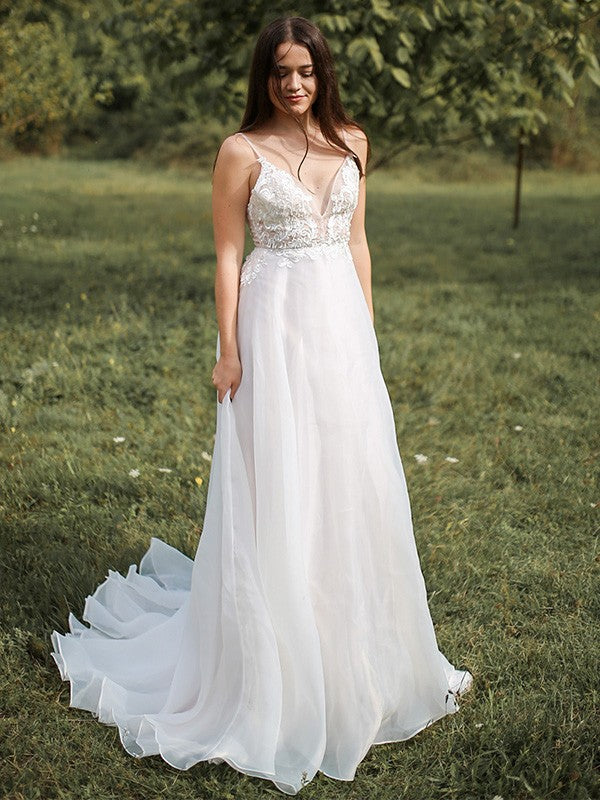 A-Line/Princess Spaghetti Straps Chiffon Applique Sleeveless Sweep/Brush Train Wedding Dresses CICIP0006166