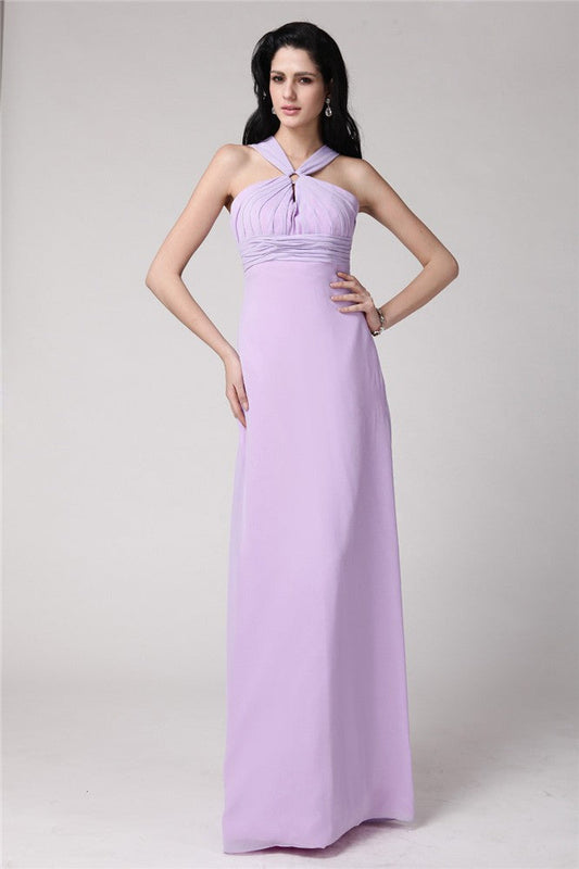 Sheath/Column High Neck Sleeveless Pleats Long Chiffon Bridesmaid Dresses CICIP0005790