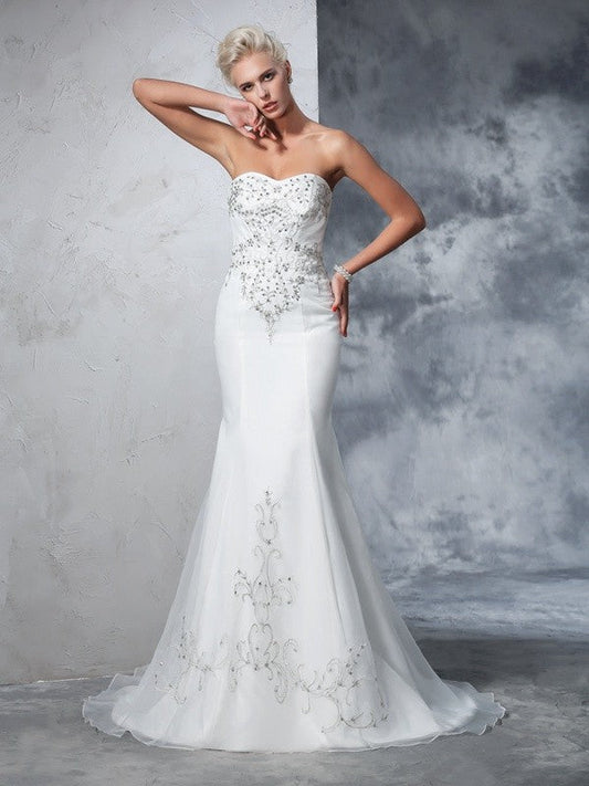 Trumpet/Mermaid Sweetheart Beading Sleeveless Long Satin Wedding Dresses CICIP0006464