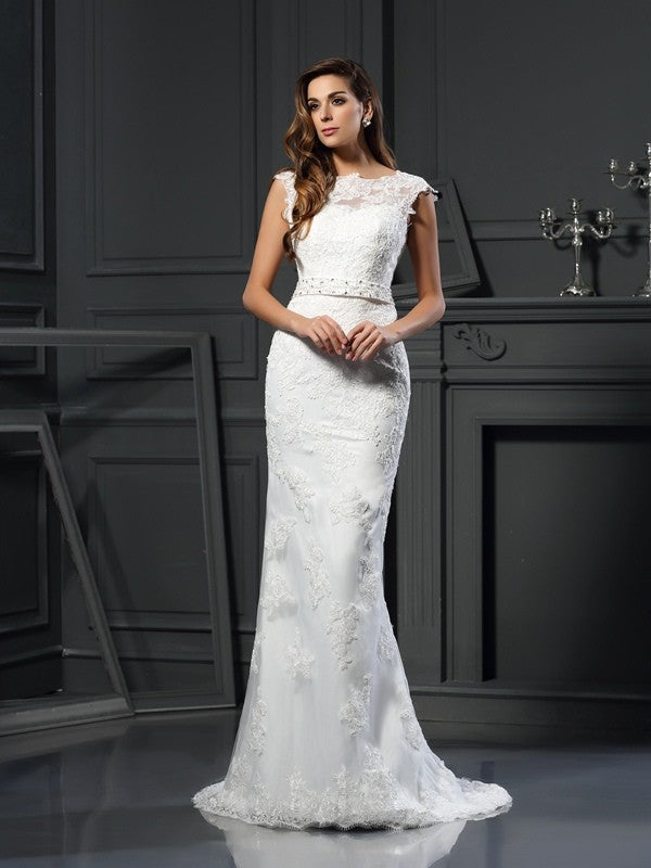 A-Line/Princess Bateau Lace Sleeveless Long Satin Wedding Dresses CICIP0006429