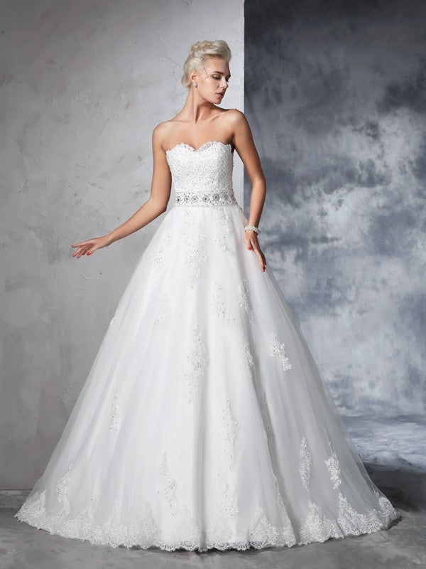 Ball Gown Sweetheart Applique Sleeveless Long Net Wedding Dresses CICIP0006719