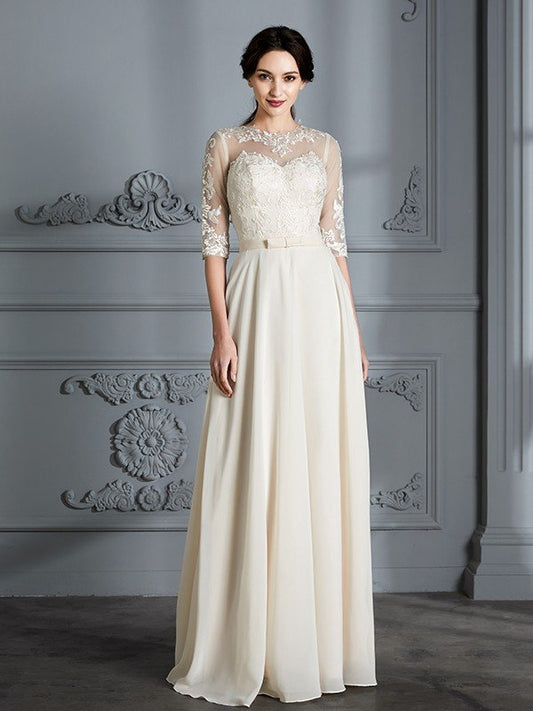 A-Line/Princess Scoop 1/2 Sleeves Floor-Length Chiffon Wedding Dresses CICIP0006552