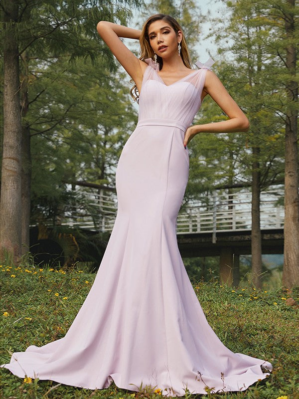 Trumpet/Mermaid Stretch Crepe Ruched V-neck Sleeveless Sweep/Brush Train Bridesmaid Dresses CICIP0004993