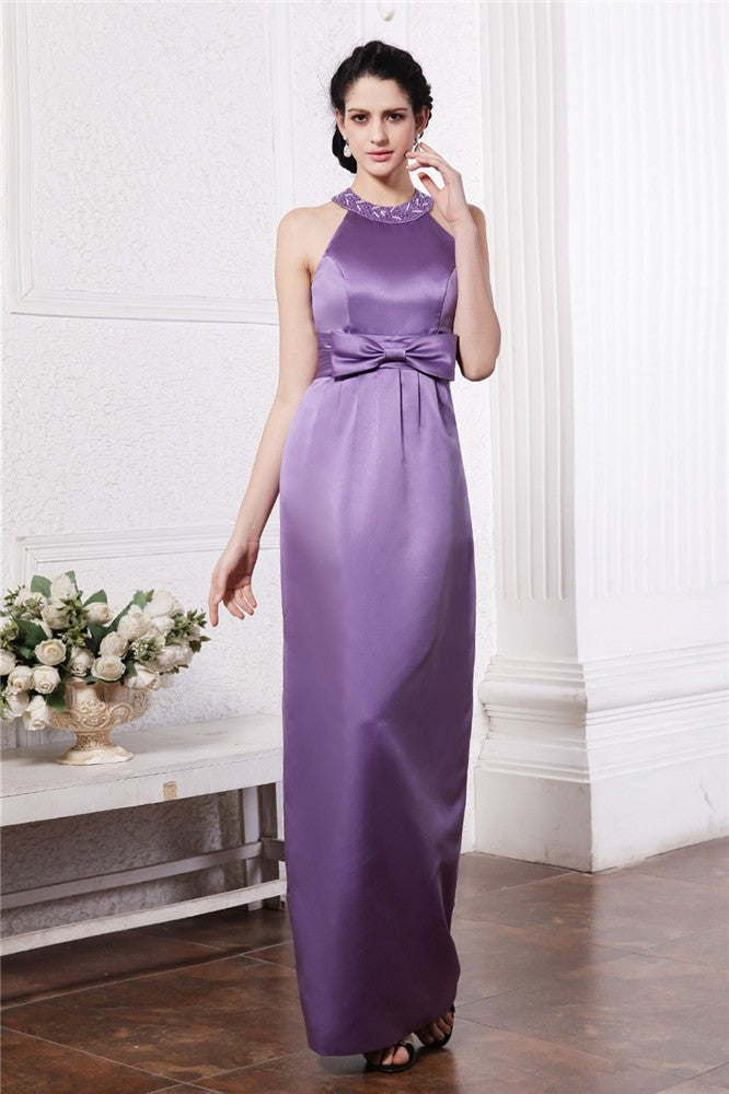 Sheath/Column Scoop Sleeveless Beading Bowknot Long Elastic Woven Satin Bridesmaid Dresses CICIP0005506