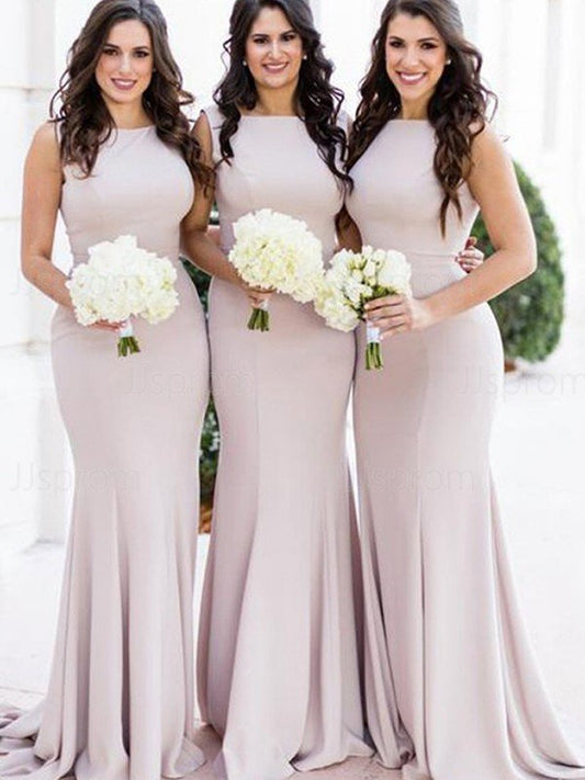 Trumpet/Mermaid Stretch Crepe Ruffles Scoop Sweep/Brush Train Sleeveless Bridesmaid Dresses CICIP0005049