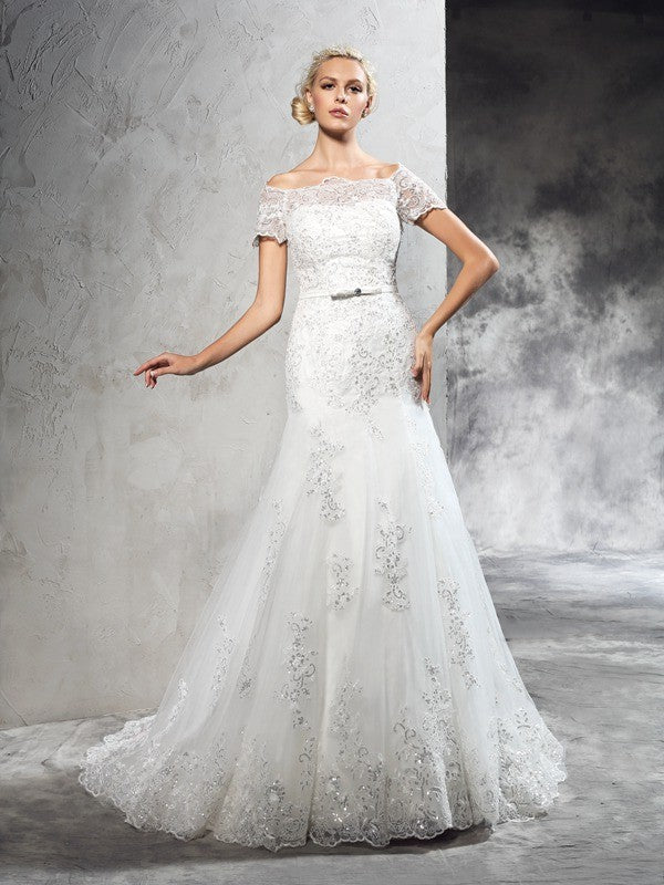 Sheath/Column Off-the-Shoulder Applique Short Sleeves Long Net Wedding Dresses CICIP0006450