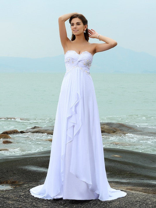 A-Line/Princess Sweetheart Beading Sleeveless Long Chiffon Beach Wedding Dresses CICIP0006309