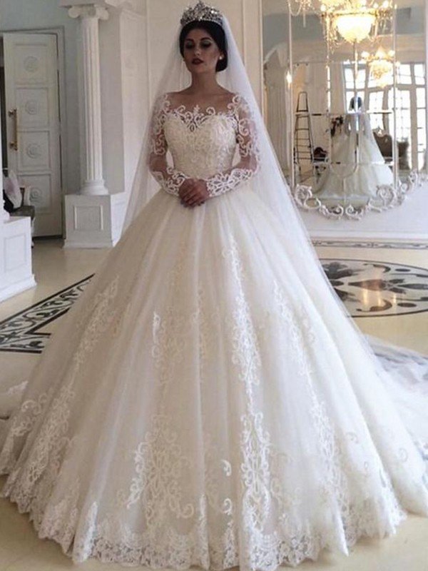 Ball Gown Tulle Applique Off-the-Shoulder Long Sleeves Sweep/Brush Train Wedding Dresses CICIP0006415