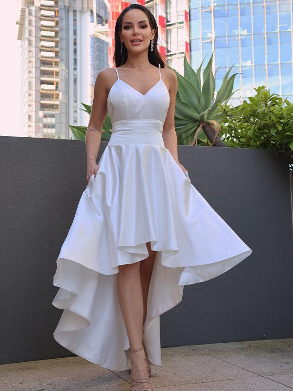 A-Line/Princess Satin Ruched V-neck Sleeveless Asymmetrical Wedding Dresses CICIP0007019