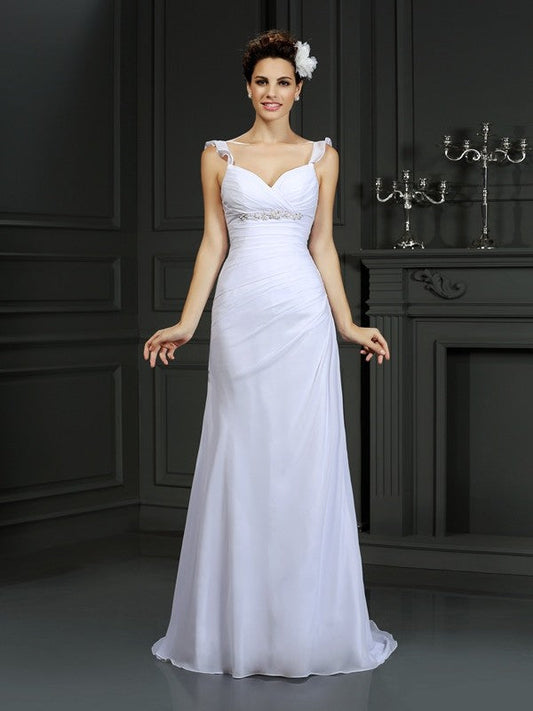 Trumpet/Mermaid Straps Beading Sleeveless Long Chiffon Wedding Dresses CICIP0006691