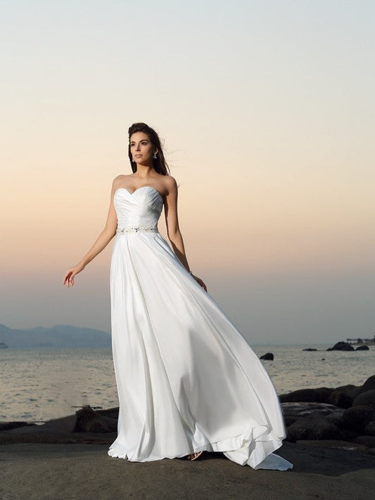 A-Line/Princess Sweetheart Beading Sleeveless Long Taffeta Beach Wedding Dresses CICIP0006243