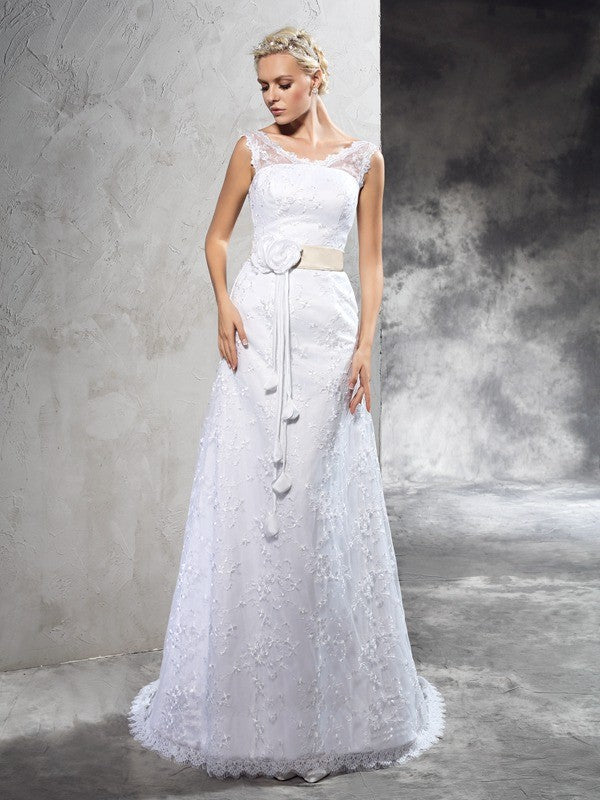 Sheath/Column Sheer Neck Hand-Made Flower Sleeveless Long Satin Wedding Dresses CICIP0006901