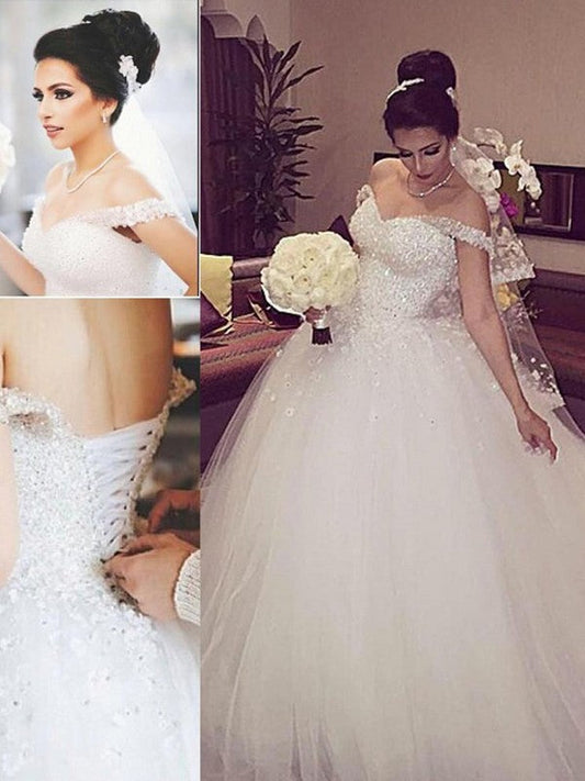 Ball Gown Off-the-Shoulder Sleeveless Lace Court Train Tulle Wedding Dresses CICIP0005954