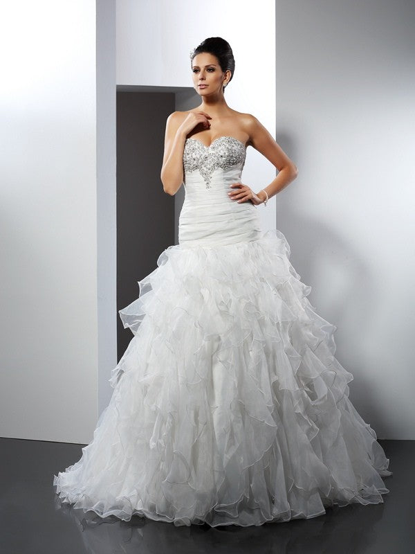 Ball Gown Sweetheart Ruffles Sleeveless Long Tulle Wedding Dresses CICIP0006611