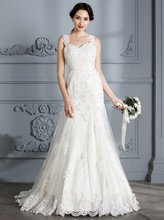 Trumpet/Mermaid Sweetheart Sleeveless Lace Court Train Wedding Dresses CICIP0006495