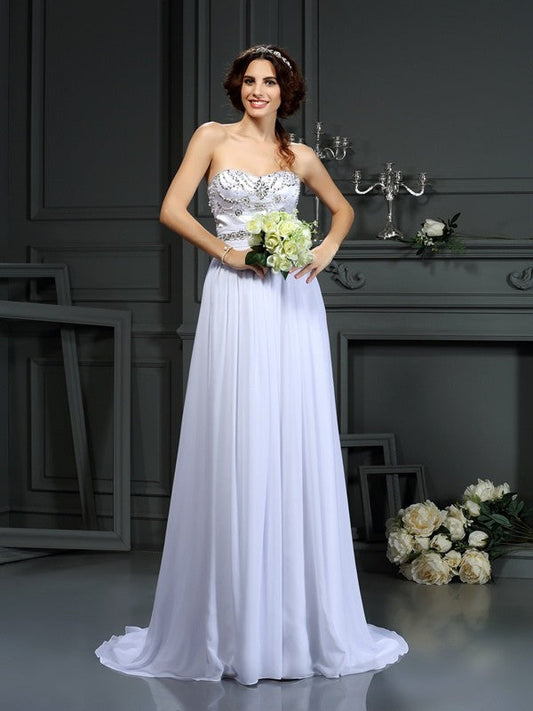 A-Line/Princess Sweetheart Beading Sleeveless Long Chiffon Wedding Dresses CICIP0006900