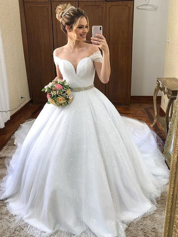 Ball Gown Off-the-Shoulder Sash/Ribbon/Belt Tulle Court Train Sleeveless Wedding Dresses CICIP0006937