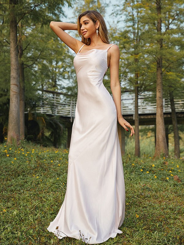 Sheath/Column Charmeuse Ruched Spaghetti Straps Sleeveless Sweep/Brush Train Bridesmaid Dresses CICIP0005001