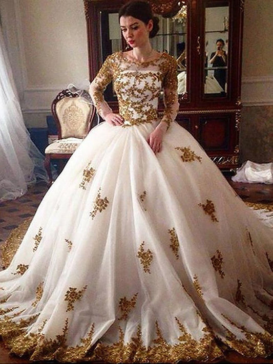 Ball Gown Court Train Scoop Long Sleeves Tulle Wedding Dresses CICIP0006472