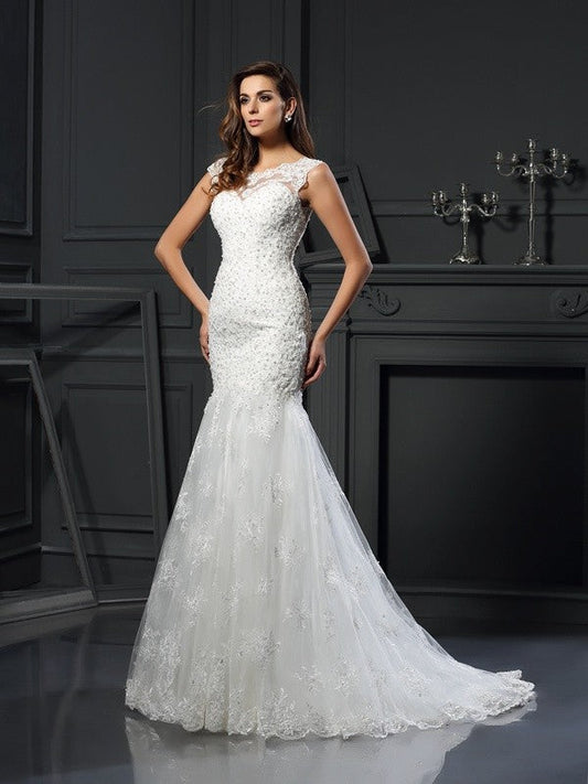 Trumpet/Mermaid Scoop Applique Short Sleeves Long Tulle Wedding Dresses CICIP0006321