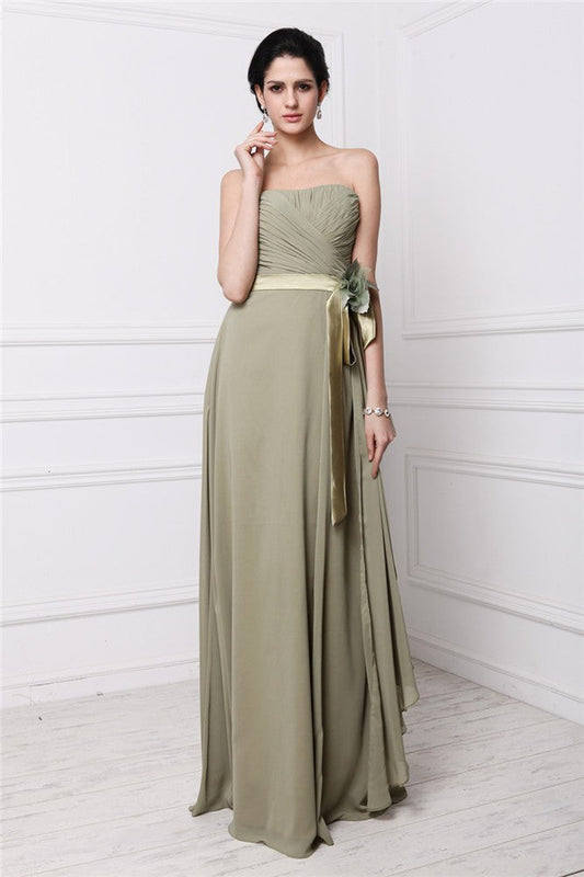 Sheath/Column Strapless Sleeveless Hand-Made Flower Pleats Long Chiffon Bridesmaid Dresses CICIP0005827