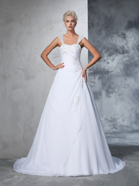 Ball Gown Straps Applique Sleeveless Long Chiffon Wedding Dresses CICIP0006560